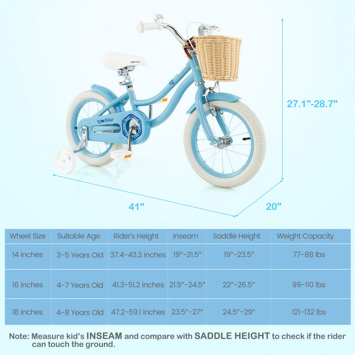 Prorider 14\" Kid's Bike With Training Wheels Adjustable Handlebar Seat Handbrake Blue