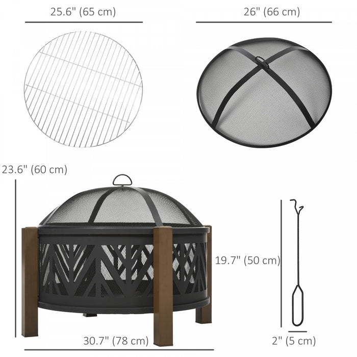 Outsunny 31\" Fire Pit, 2-in-1 Wood Fire Pit Brazier With Lid, Grill, Black