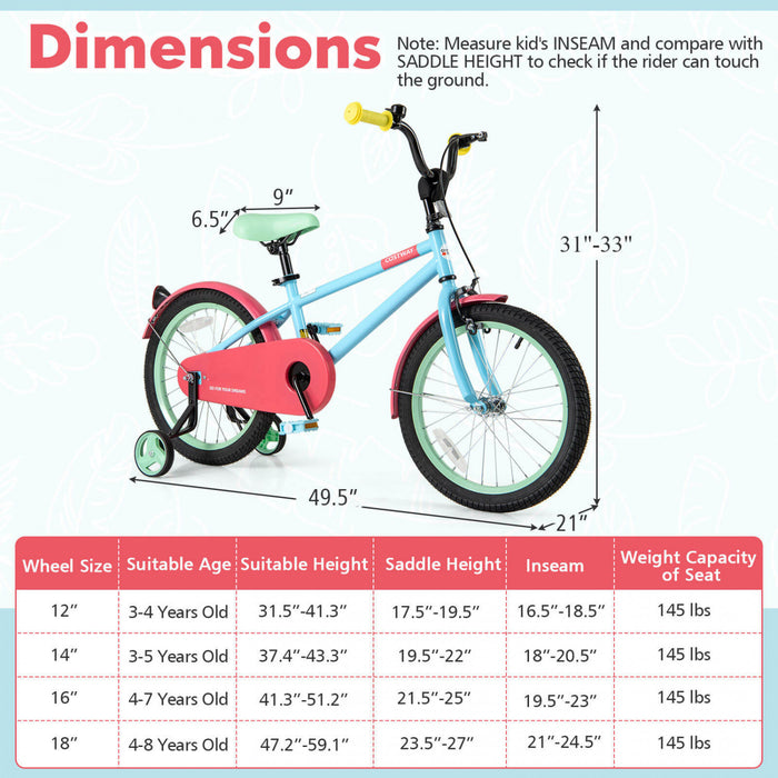 Costway 18\" Kids Bike With Adjustable Saddle Handlebar Removable Training Wheels Handbrake Red