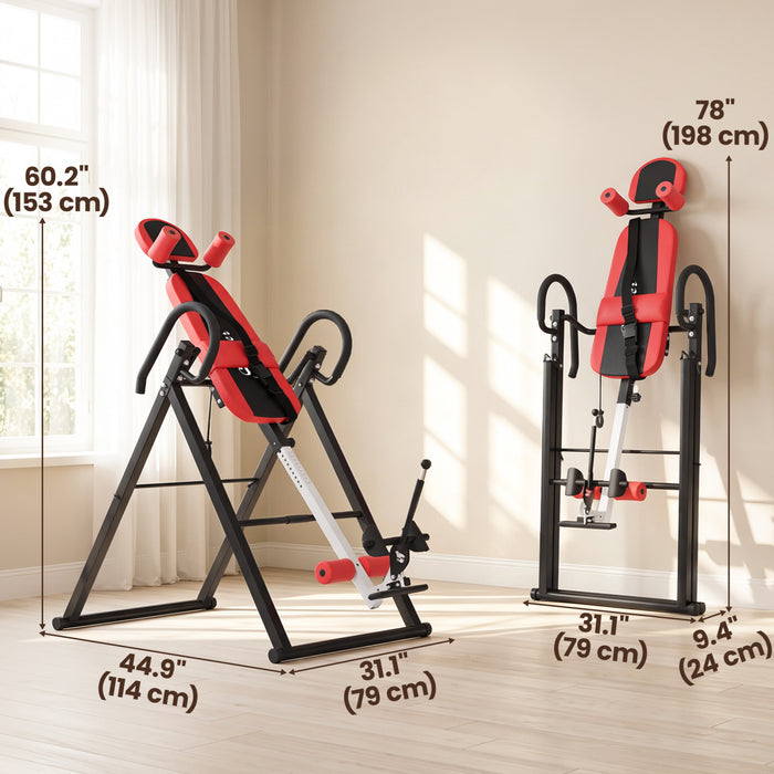 Soozier Heavy Duty Inversion Table with Protective Belt, 20°/40°/60°/90° Adjustable Folding Back Stretcher Machine with Headrest, Lumbar Support for Stress Relief for Home Use, Red