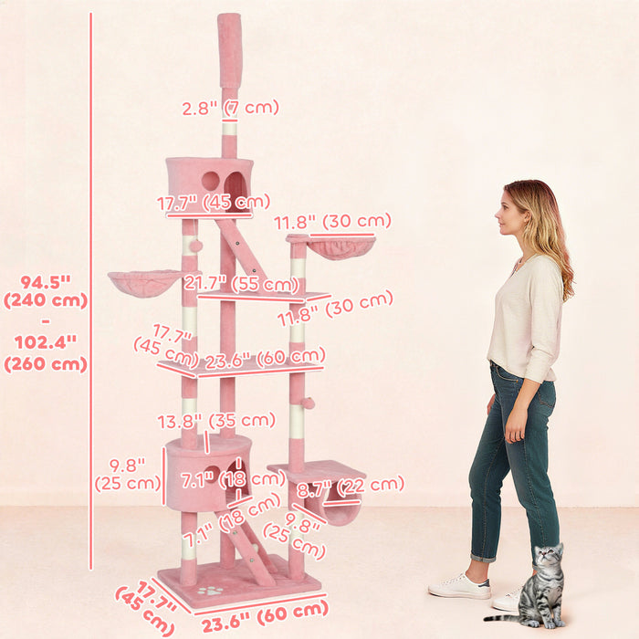 PawHut Cat Tower for Large Cats Adult, Floor to Ceiling Cat Tree Adjustable Height 94\"-102\" Multi-Level with Scratching Posts, Cozy Hammock, Pompoms, Pink