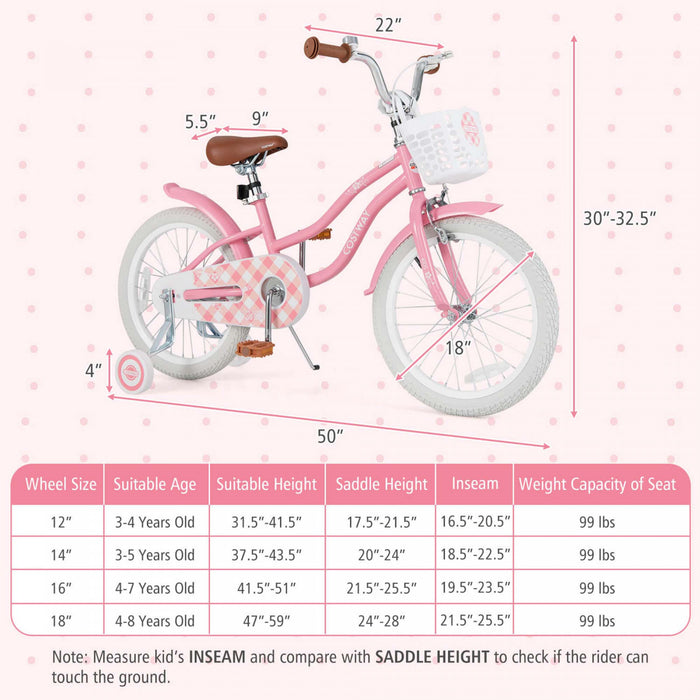 Costway 18\" Kids Bike Toddler Bicycle Withtraining Wheel Kickstand For 4-8 Years Old Girl Red