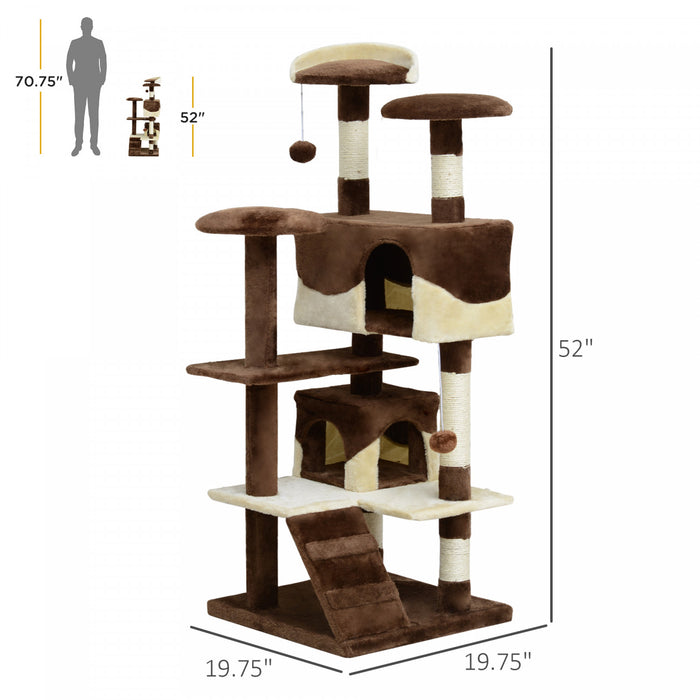 Pawhut 52\" Cat Tree Tower, Large Cat Condo Furniture Multi-level Activity Center With Scratching Posts, Perches, Ramp, Dangling Balls - Coffee