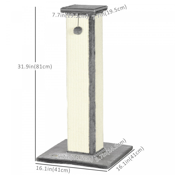 Pawhut 32\" Tall Cat Scratching Post For Indoor Cats And Kittens, Vertical Claw Scratcher, Sisal Cat Scratcher With Hanging Ball And Soft Plush, Grey