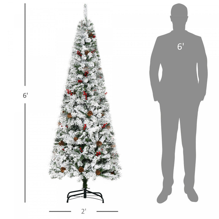 Homcom 6ft Snow Artificial Christmas Tree With Pine Cone, Red Berry