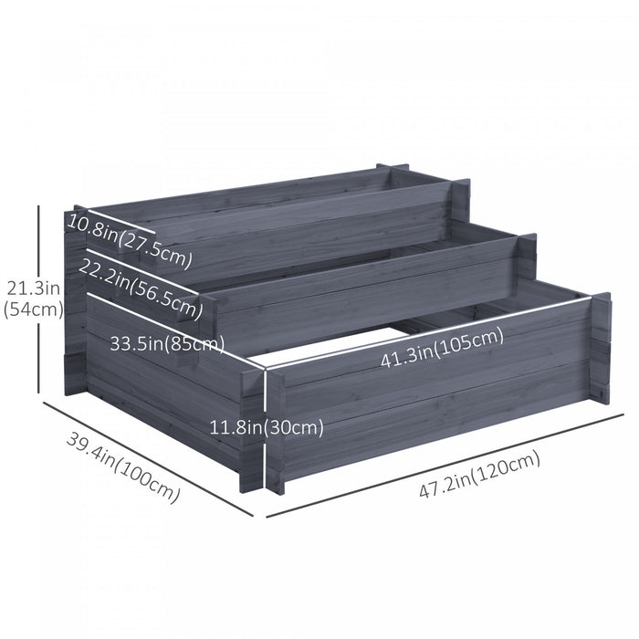 Outsunny 3-tier Wood Raised Garden Bed, Elevated Planting Box, Outdoor Vegetable Flower Container, Herb Garden Indoor Kit, Gray