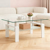 Liam Modern Rectangle Clear Tempered Glass Coffee Table,White | Table basse moderne rectangulaire en verre trempe transparent Liam, avec pieds blancs