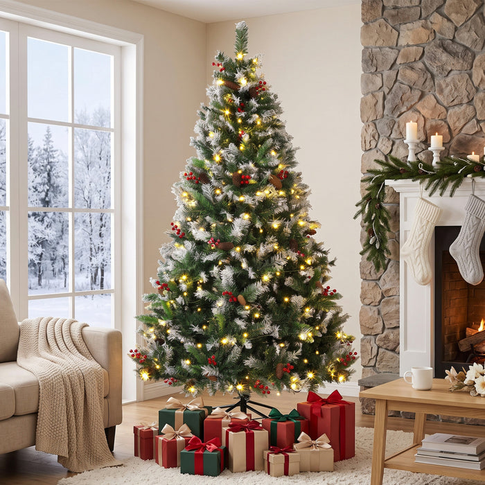 HOMCOM 7ft Flocked Prelit Christmas Tree Spruce, Dual Colour LEDs, Remote