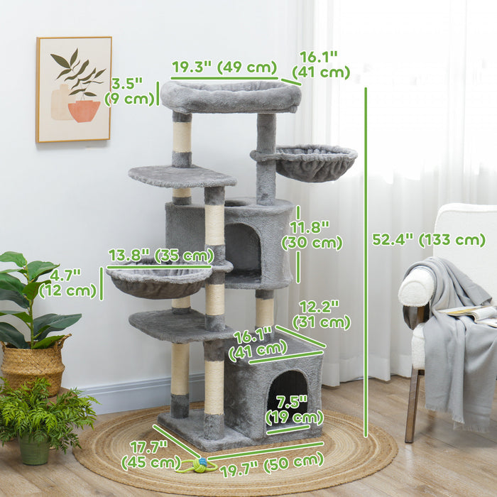 Pawhut 52.5\" Cat Tree, Cat Tower For Indoor Cats With Scratching Posts, Cat Condos, Bed, Platforms, Hammocks, Cat Activity Center, Grey