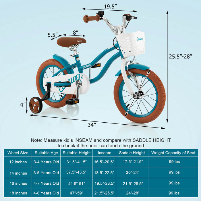 Costway 12\" Kid's Bike With Removable Training Wheels & Basket For 3-4 Years Old Turquoise