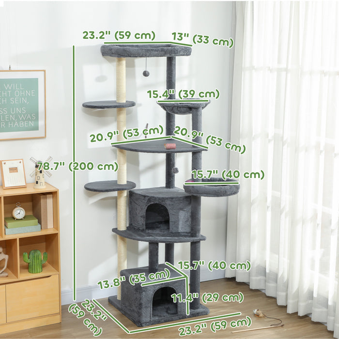 PawHut 79 Inch Cat Tree, Extra Tall Large Cat Tower with Scratching Posts, 2 Perches, 2 Caves, Large Hammock, Pompoms, Multi-Level Plush Kitty Condo for Multiple Indoor Kittens