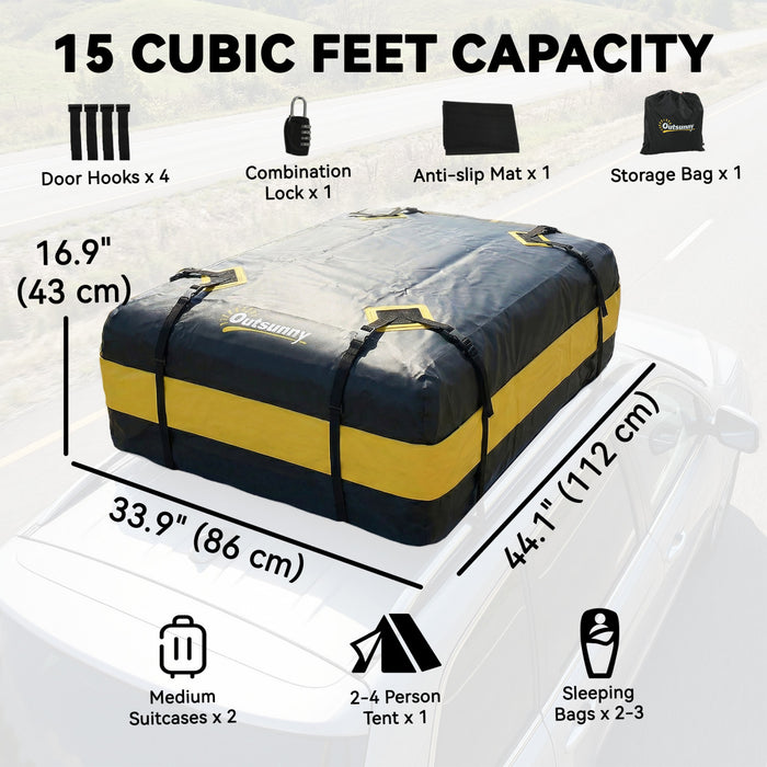 Outsunny Rooftop Cargo Carrier, 15 Cubic Feet Waterproof Soft-Shell Car Roof Storage Bag with 8 Reinforced Straps, Anti-Slip Mat, Door Hooks for All Vehicles with/without Rails