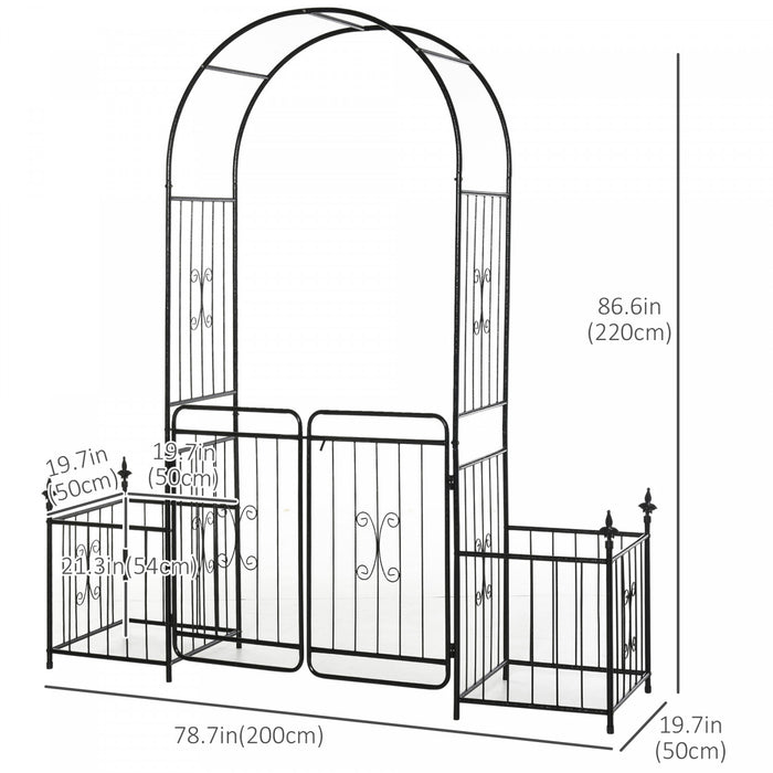 Outsunny 7.2ft Metal Garden Arbor Arch With Double Doors, 2 Side Planter Baskets, Climbing Vine Frame, Black