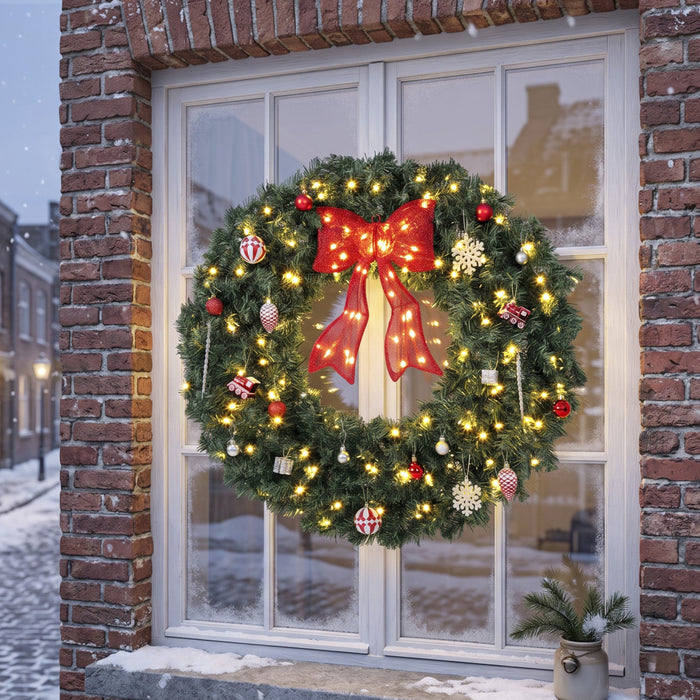 HOMCOM 36 Inch Pre-Lit Christmas Wreath, Artificial Xmas Wreath, Green