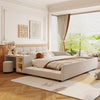 Lily Velvet Upholstered Grounded Bed with Desk and Stool,Queen Size,Beige Queen Bed  | Lit Lily en velours rembourre avec bureau et tabouret, taille Queen, beige
