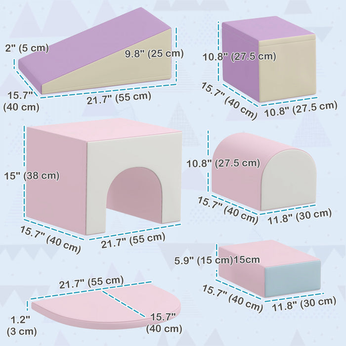 Qaba 7-piece Soft Play, Foam Climbing Blocks For Toddlers, Kids' Educational Climbing Crawling Toys, Kids Foam Play Set Stairs And Ramp,pink/purple