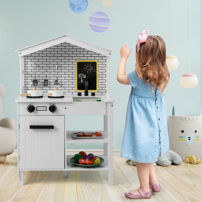 Costway Kids Farmhouse Kitchen Play Set Wooden Pretend Toy With Storage & Accessories