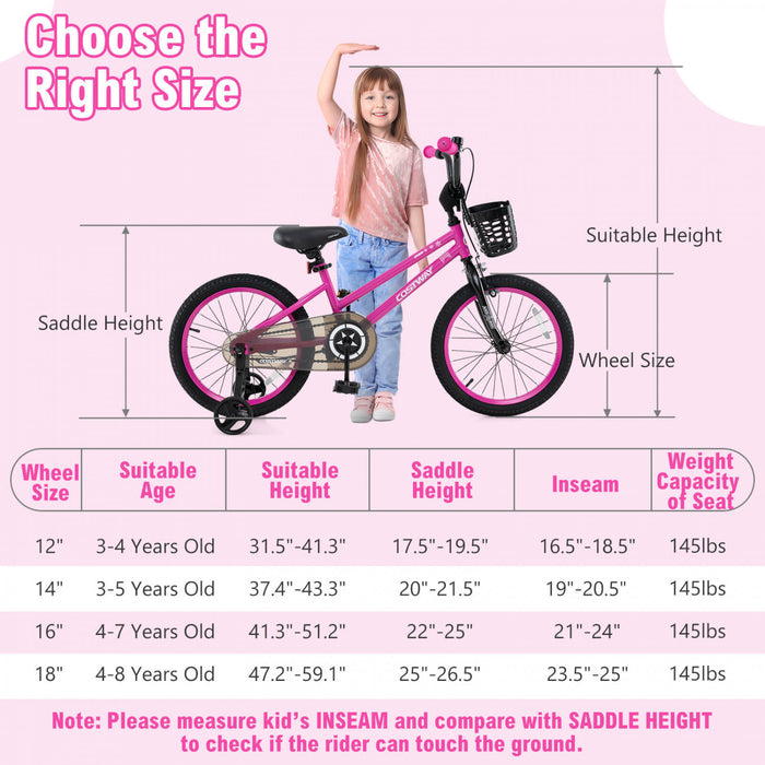 Costway 18\" Kid's Bike With Training Wheels Adjustable Handlebar & Seat Handbrake Pink