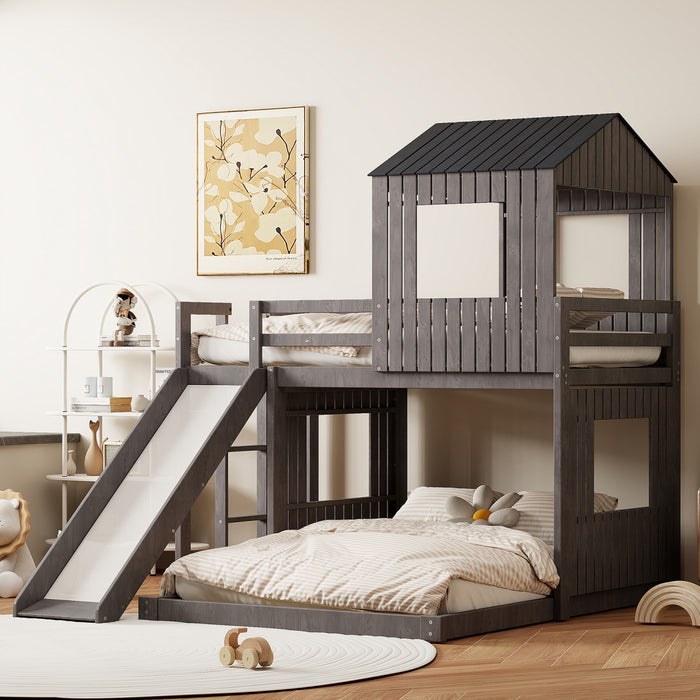 Marico Twin Over Solid Wood Full Bunk Bed With Slide, Playhouse Design, Antique Grey