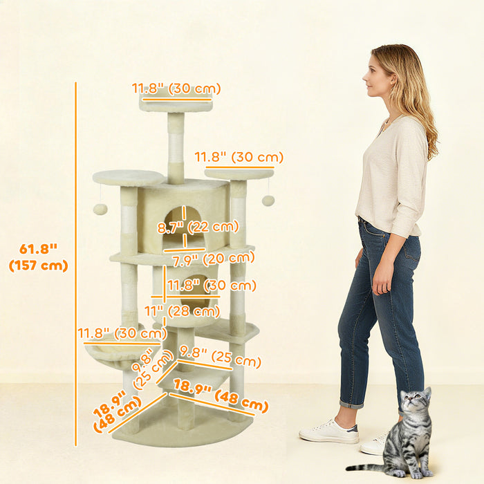 PawHut Cat Tree, 62\" Multi-Level Cat Tower with Scratching Posts, 2 Condos, Hammock, Perches, Plush, Pompoms, for Indoor Kittens Playing, Resting, Sleeping, Beige