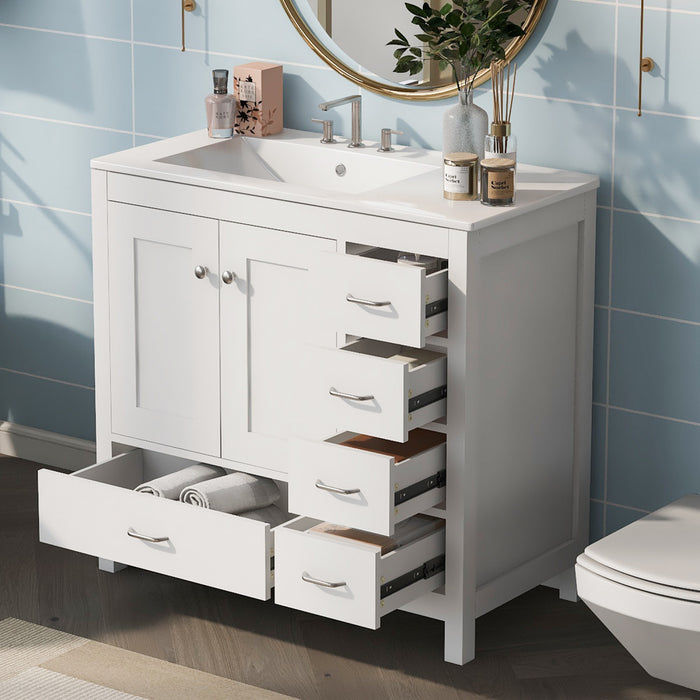 Andrew 36\" Solid Wood Bathroom Vanity With Ceramic Sink And Storage Cabinet - White