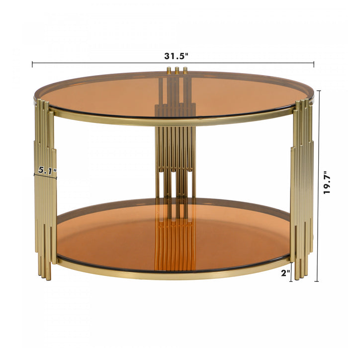Jonas 31.5\" Round Tempered Glass Coffee Table With Lower Shelf, Brown