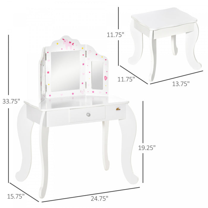 Qaba Kids Vanity Table & Stool Girls Dressing Set Make Up Desk With Tri-folding Mirrors Drawer Star & Heart Pattern White