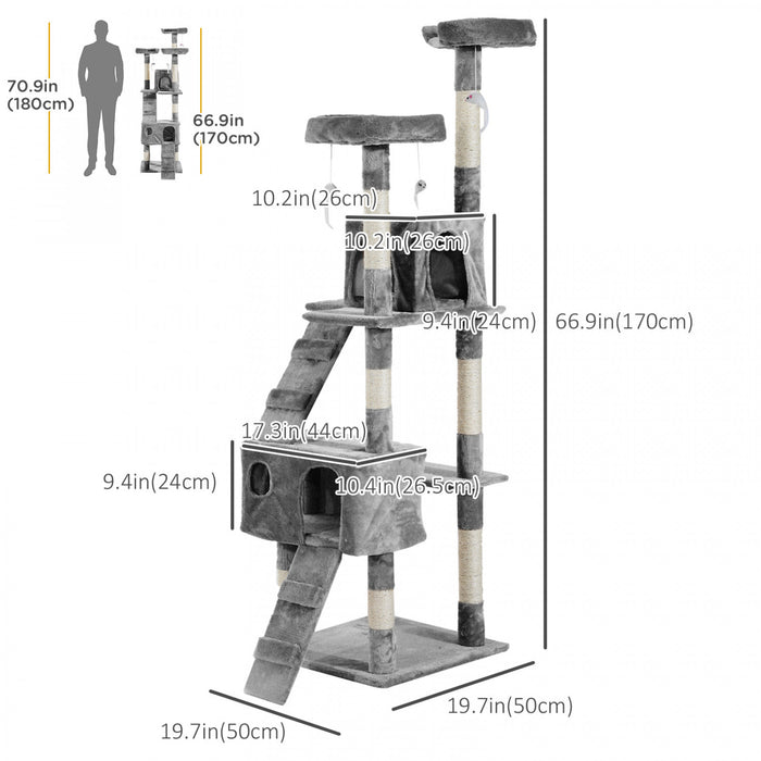 Pawhut 67inch Cat Tree With Scratching Post, Cat Condo Tower With Cat House, Toy, Perch, Grey