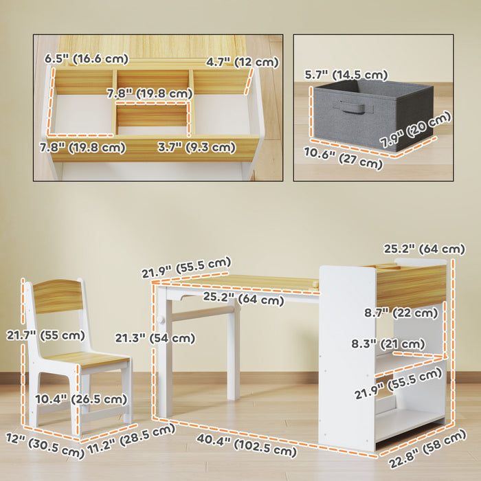 Qaba Kids Table And Chair Set With Paper Roll, Toddler Table And Chair Set With Storage Shelves And Drawers, Art Craft Table For Drawing Writing Aged 3-8 Years, Natural Wood