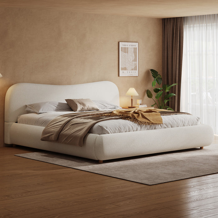 Camille Platform Bed with Curved Headboard and Luxurious Boucle Upholstery,King Size,White King Bed
