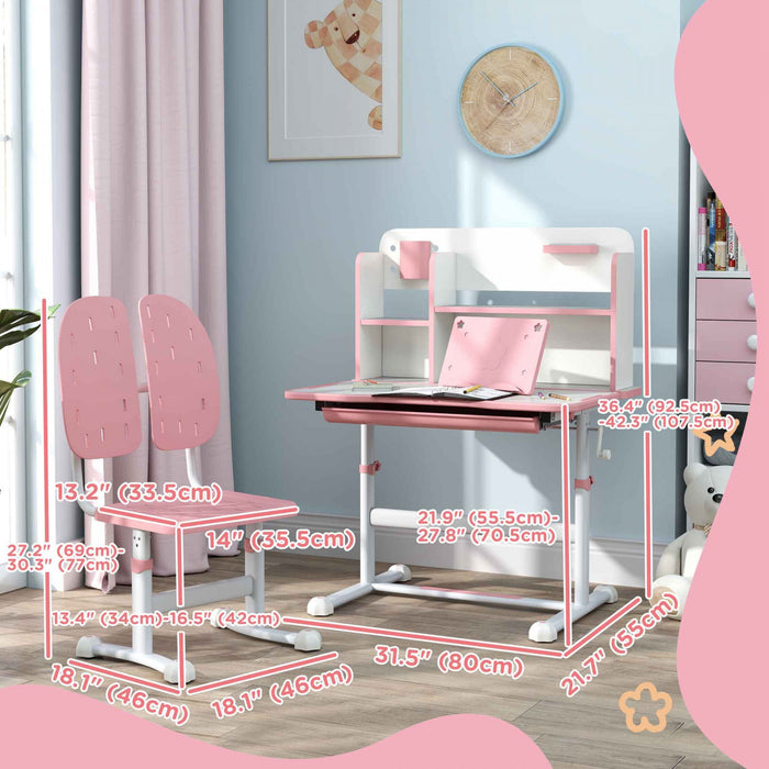 Qaba Kids Desk And Chair Set, Adjustable Height Kids Study Table And Chair With Tilt Desktop, Drawer, Reading Rack, Pen Holder, Square Slot, For Ages 3-12 Years, Pink