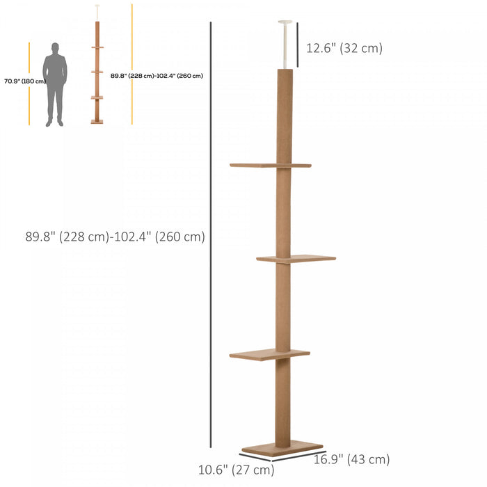 Pawhut 90\"- 102\" Floor To Ceiling Cat Tree, 3 Tier Cat Tower Tall Cat Tree Pet Activity Center For Indoor Use, Light Brown