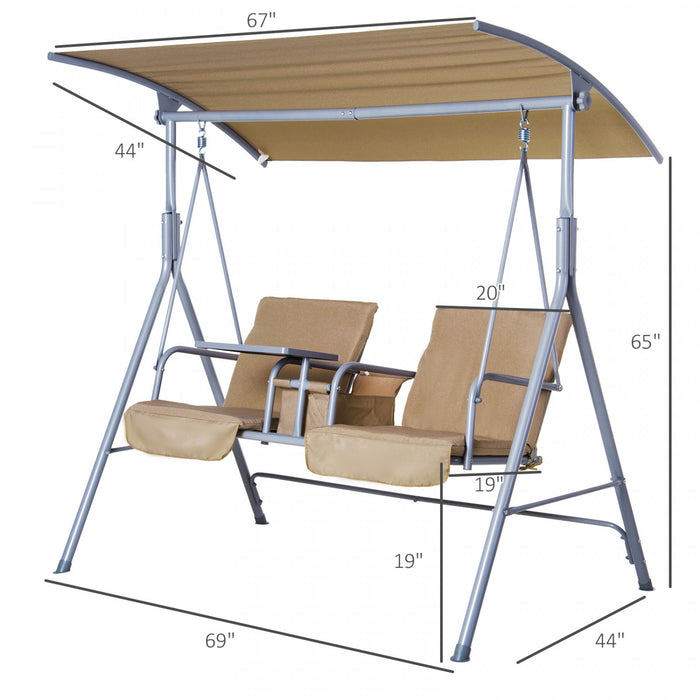 Outsunny Double Outdoor Swing Chair 2 Person Covered Swing Porch Swing W/ Pivot Table And Storage Console, Beige
