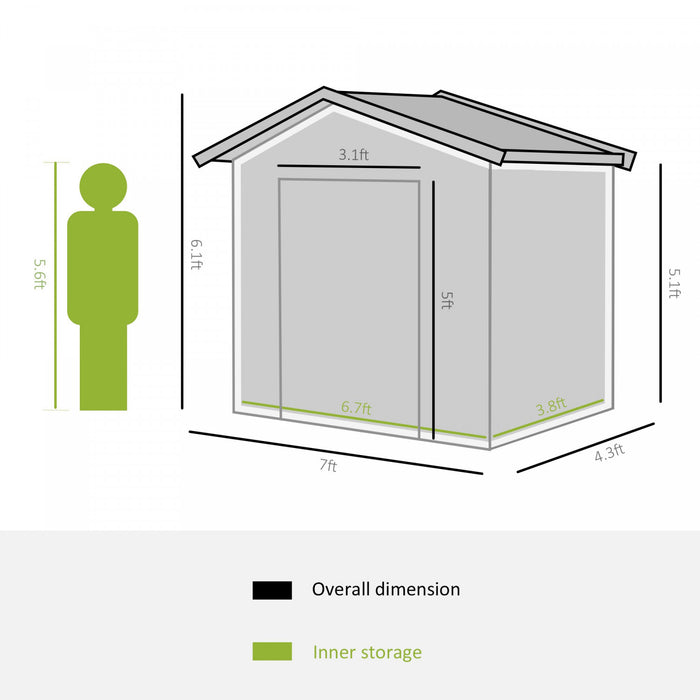 Outsunny 7' X 4' X 6' Garden Storage Shed Outdoor Patio Yard Metal Tool Storage House W/ Steel Floor Foundation And Double Doors Grey