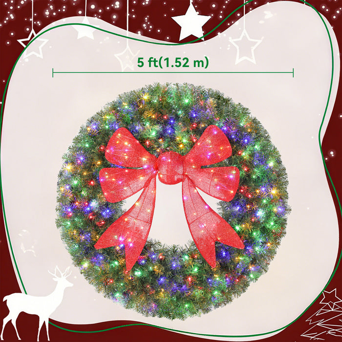 HOMCOM 60in Pre-Lit Christmas Wreath for Front Door with 3D Red Bow
