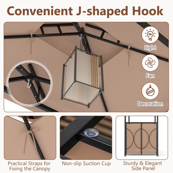 Costway 6.5 X 4 X 8 Ft Grill Gazebo Set With 2 Bar Stools, Tempered Glass Bar Table Brown