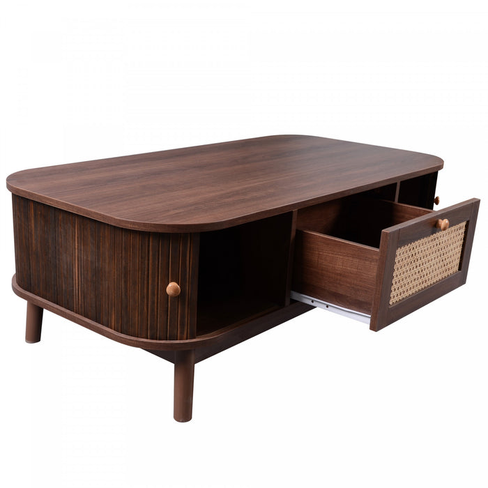Grain 43.5 Inch Rattan Coffee Table with Sliding Doors, Drawers and Solid Wood Legs, Wood