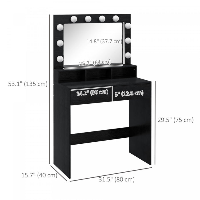HOMCOM Vanity Table with LED Mirror, Makeup Desk with 2 Drawers, Black