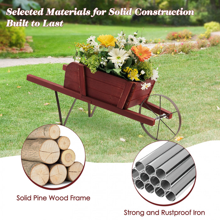 Costway Wooden Wagon Planter Decorative Indoor/outdoor Rustic Flower Cart With Wheel Red
