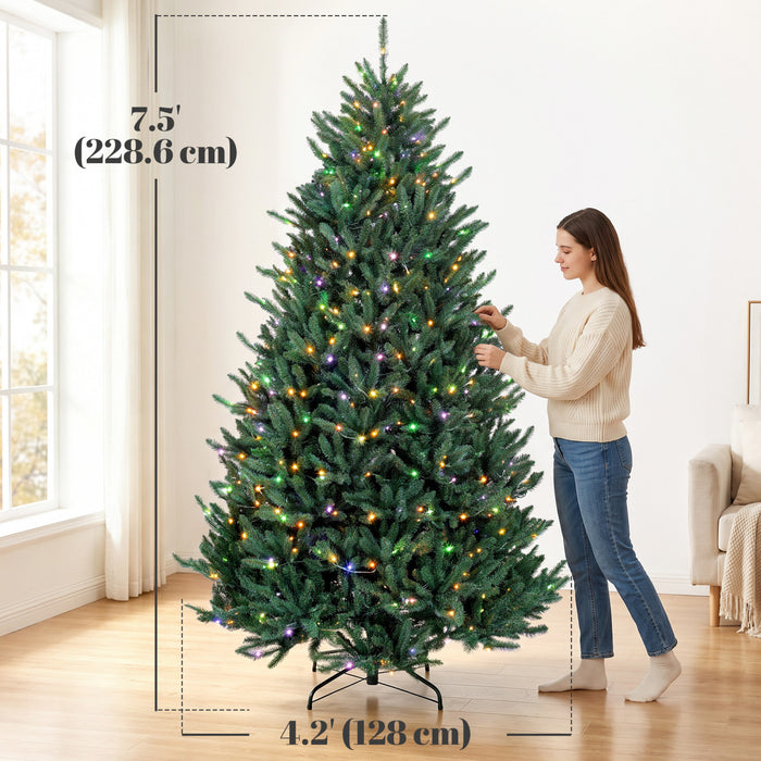 HOMCOM 7.5ft Prelit Christmas Tree, Easy Plug, Dual-Colour Lights, Hinged