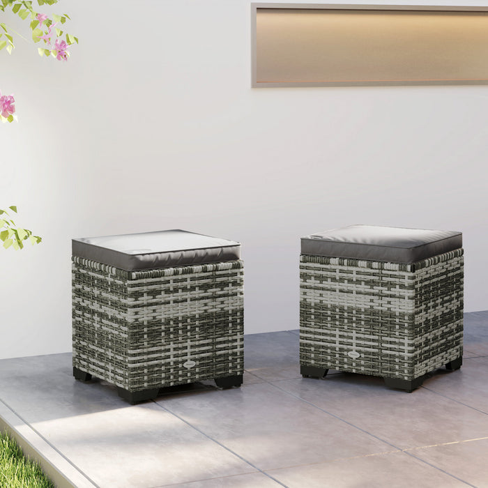 Outsunny Set Of 2 Wicker Ottoman, Outdoor Footstool With Storage, Grey