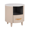 Olivia Modern Curved Design Round Nightstand with Storage Drawer,Haiki  | La table de nuit moderne Olivia au design incurve avec tiroir de rangement, couleur Haiki