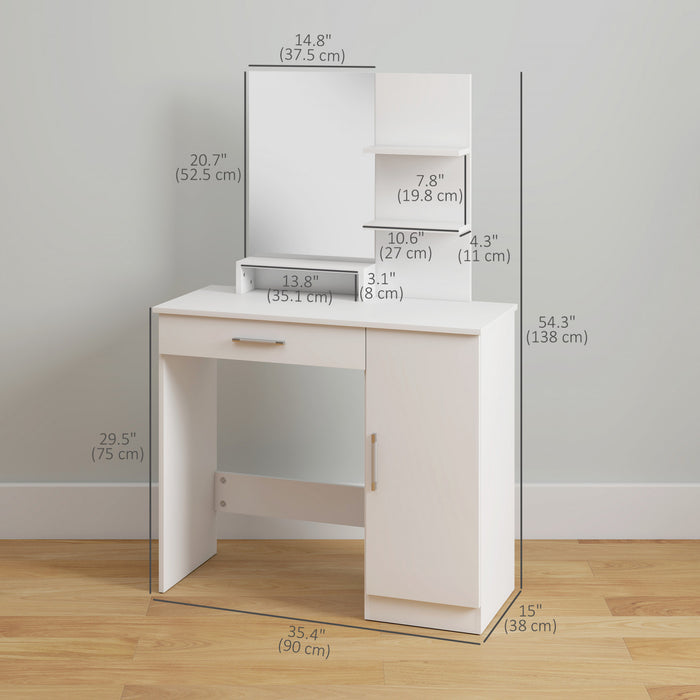 HOMCOM Vanity Table, Makeup Table with Mirror and Storage Shelves, White