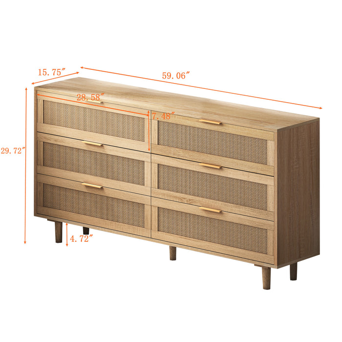 59\" Mila Modern 6 Drawer Rattan Storage Cabinet with Engineered Wood Frame- Natural