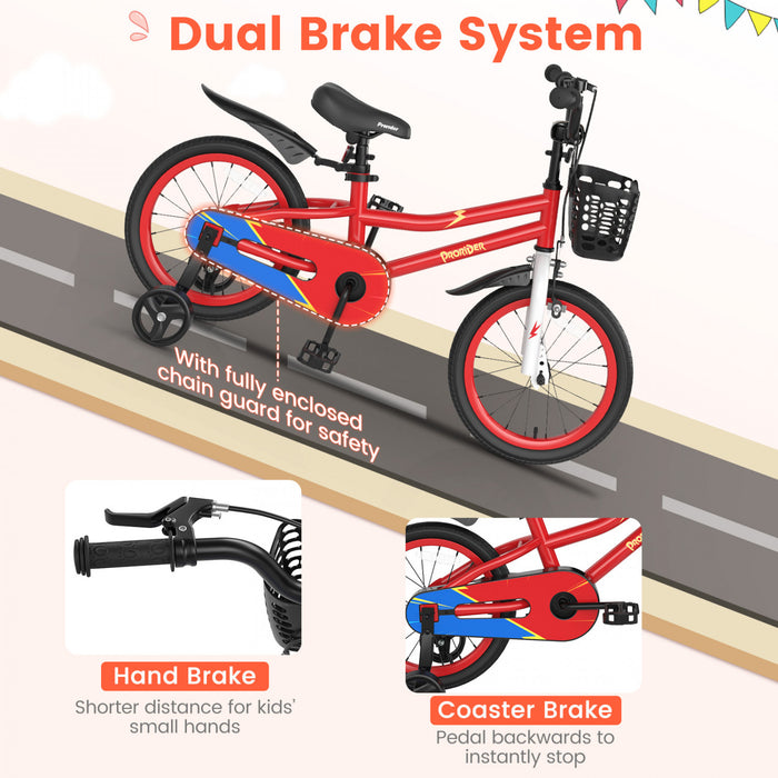 Costway 16\" Kid's Bike With Removable Training Wheels & Basket For 4-7 Years Old Red