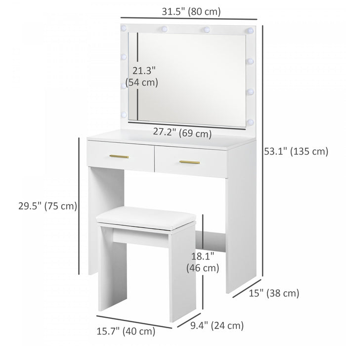 HOMCOM Makeup Vanity Desk and Stool Set with LED Lighted Mirror, White