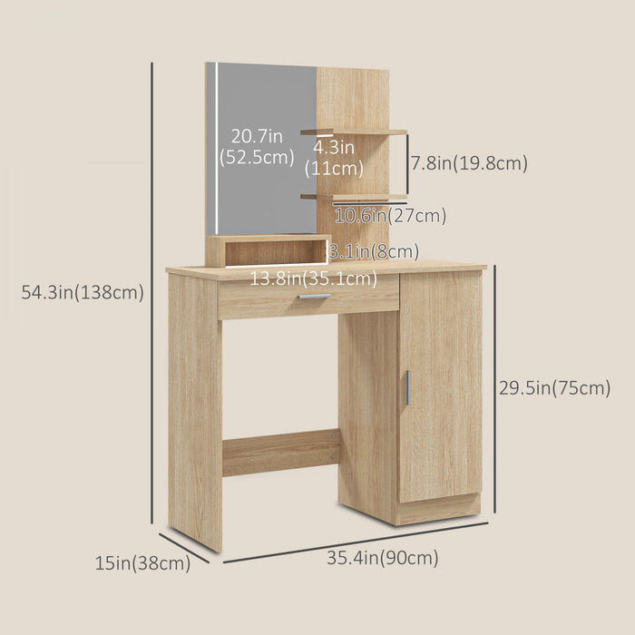HOMCOM Vanity Table, Makeup Table with Mirror and Storage Shelves, Natural