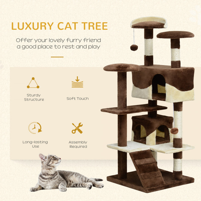 Pawhut 52\" Cat Tree Tower, Large Cat Condo Furniture Multi-level Activity Center With Scratching Posts, Perches, Ramp, Dangling Balls - Coffee