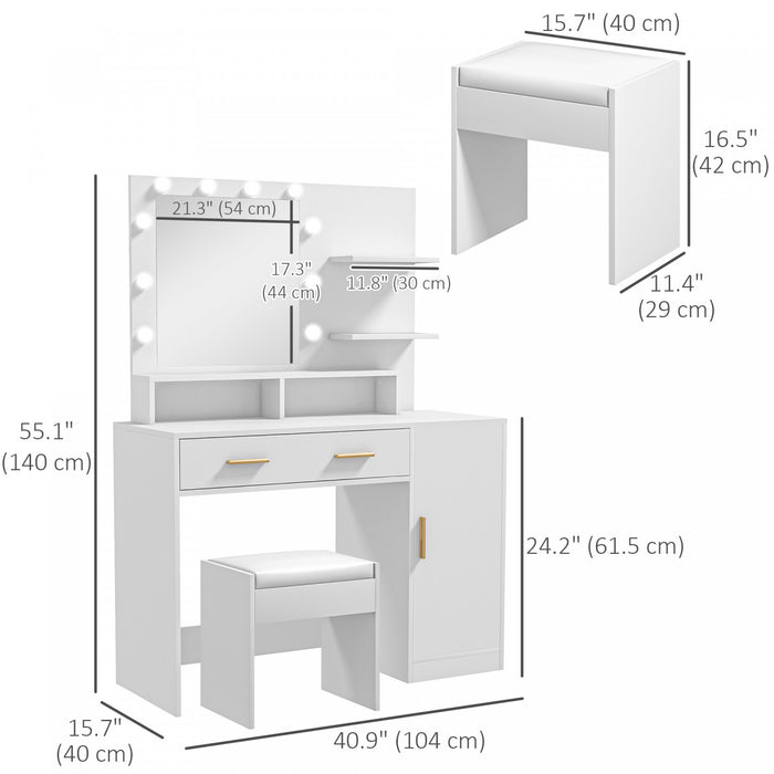 HOMCOM Vanity Table Set, Makeup Table with Stool, LED Mirror and Storage