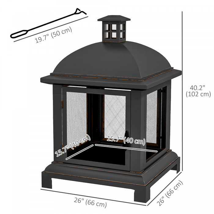 Outsunny 26\" Fire Pit With Poker, Chimney Style Wood Burning Firepit, Black